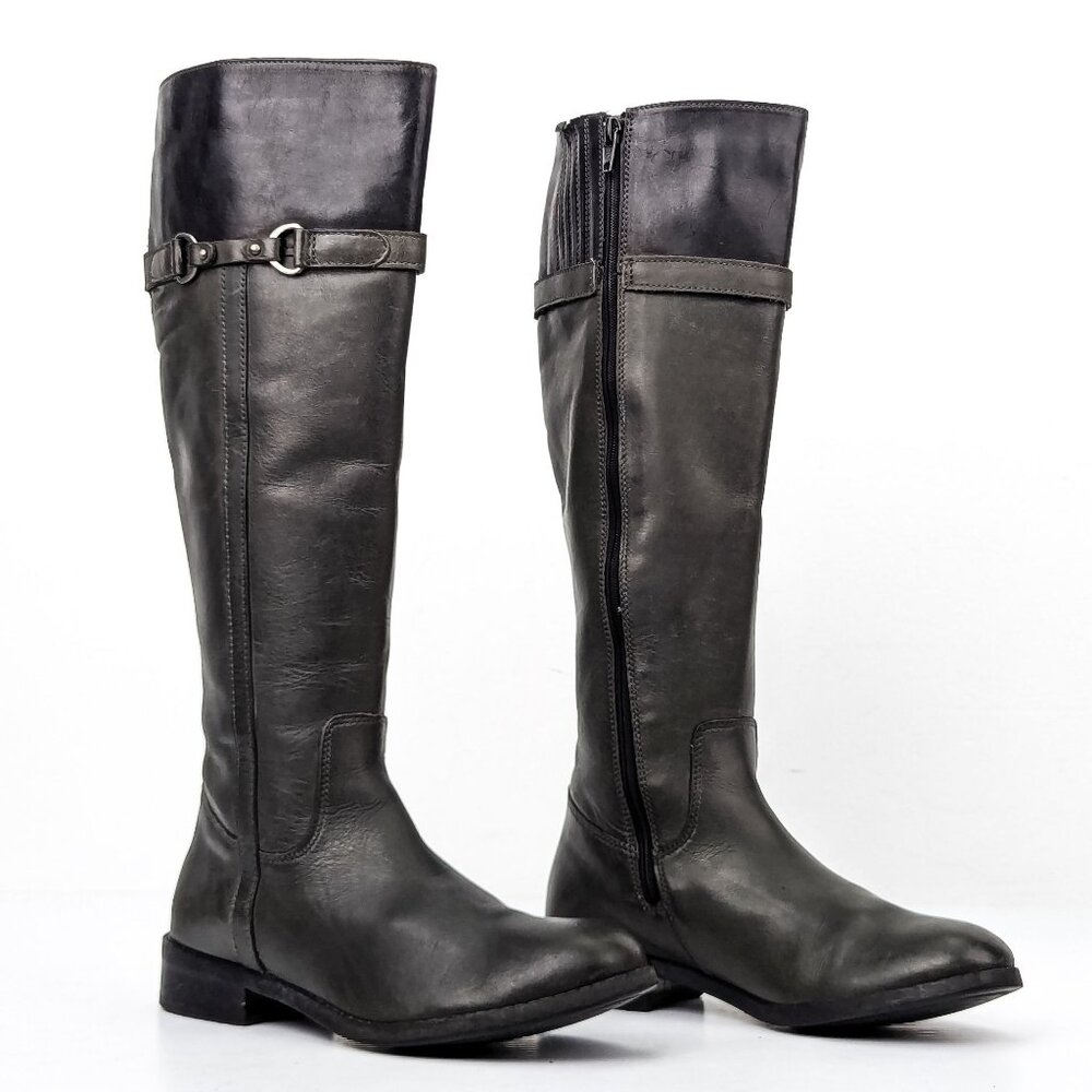 Clarks Women Duo Grey Black Leather Riding Equestrian Tall Boots sz 6.5